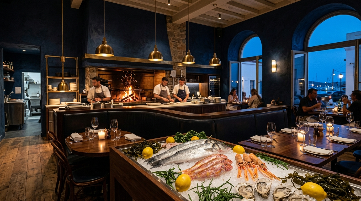 Salle de restaurant aux grandes fenêtres, cuisine ouverte sur la braise et étal de poissons au premier plan.